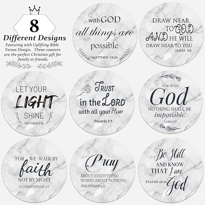 Billbotk Ceramic Coasters with Bible Verses, Coasters Set of 8 with Holder, Absorbent Drink Coasters for Home Decor and Christian Gifts, 4 Inches