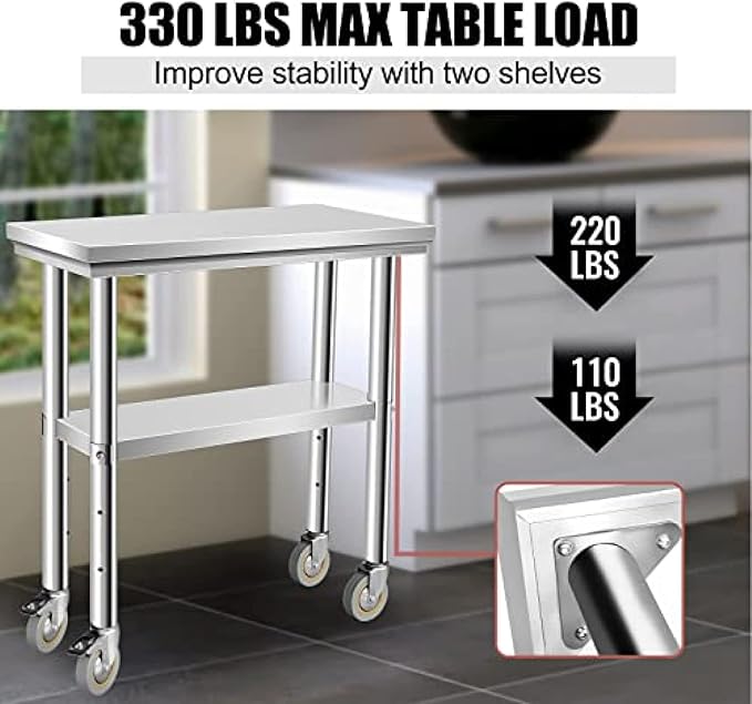 Stainless Steel Table - Metal Table Cart - Commercial Workbench with Caster Wheel - NSF Certified - for Restaurant, Warehouse, Home, Kitchen, Garage,30''x12''