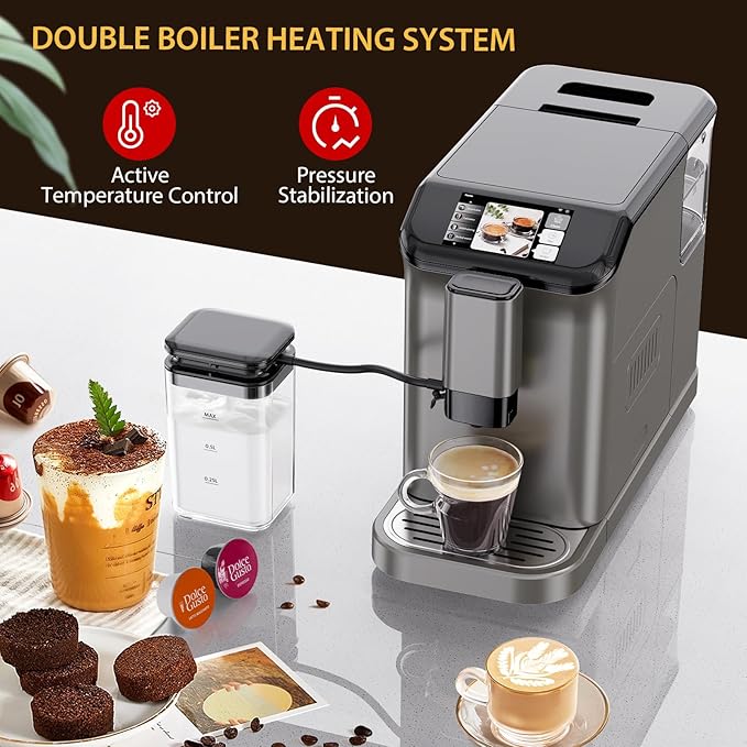 LinTimes Fully Automatic Espresso Machine with Built-in Grinder & Auto Milk Frother, 20-Bar Pressure, 6 Coffee Presets, LCD Color Touch Screen, Auto-Clean, 53oz Removable Tank, 120V/60Hz, Silver