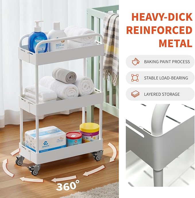 HOTEAGLE 3-Tier Rolling Cart Metal Expandable Utility Carts with Wheels, Ideal Storage Organizer for Livingroom, Bedroom, Kitchen and Bathroom, White