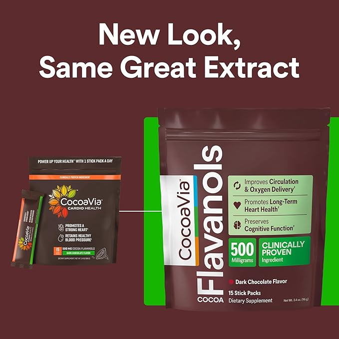 CocoaVia Cardio Health Cocoa Powder, 15 Single Serve Sticks, 500mg Cocoa Flavanols, Support Heart Health, Boost Nitric Oxide, Improve Circulation, Energy, Preworkout, Travel-Friendly, Vegan, Cacao
