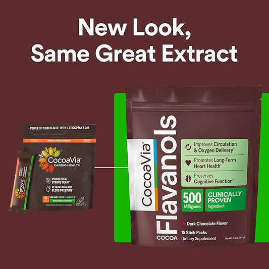 CocoaVia Cardio Health Cocoa Powder, 15 Single Serve Sticks, 500mg Cocoa Flavanols, Support Heart Health, Boost Nitric Oxide, Improve Circulation, Energy, Preworkout, Travel-Friendly, Vegan, Cacao