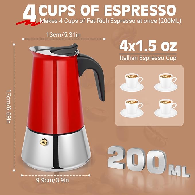 Suiitat Moka Pot, 4 Cups (7.1 oz) Stovetop Espresso Maker, 304 Stainless Steel Moka Pot, Induction Compatible, Red