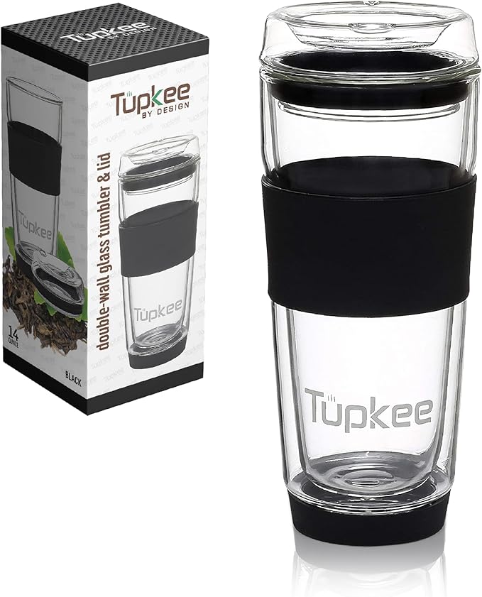 Tupkee Double Wall Glass Tumbler - 14-Ounce, All Glass Reusable Insulated Tea/Coffee Mug & Lid, Hand Blown Travel Mug - Black