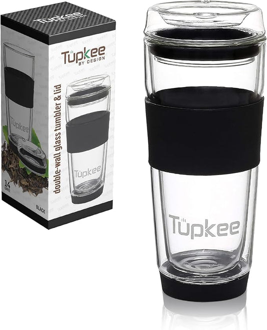 Tupkee Double Wall All Glass Tumbler - 14-Ounce, Reusable Insulated Tea/Coffee Mug & Lid, Hand Blown Glass Travel Mug - Black - 2 Pack