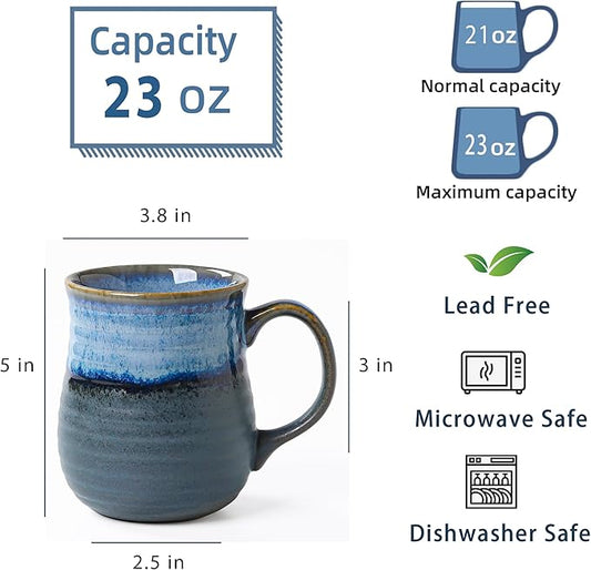 23 oz Large Ceramic Coffee Mugs, Handmade Cup with Large Handle, Big Tea and Coffee Cups for Office and Home, Microwave and Dishwasher Safe (Blue Grey)