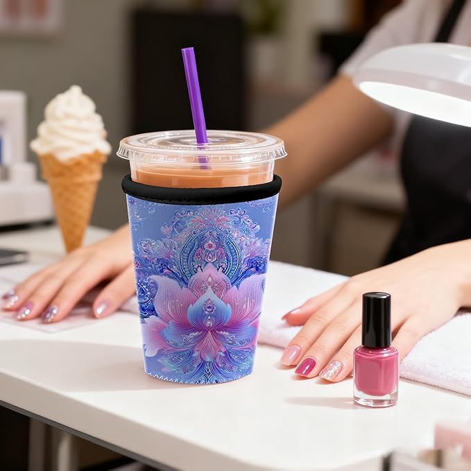 Boho Lotus Flower Iced Coffee Sleeve Set of 3 Reusable Neoprene Cup Holder for Cold Drinks Fits 16oz 24oz 30oz Cups Aesthetic Insulated Cup Sleeve