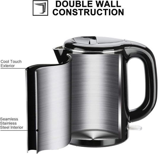 Secura Stainless Steel Double Wall Electric Kettle Water Heater for Tea Coffee w/Auto Shut-Off and Boil-Dry Protection, 1.0L (Black) SWK-1001DB/HB-K012