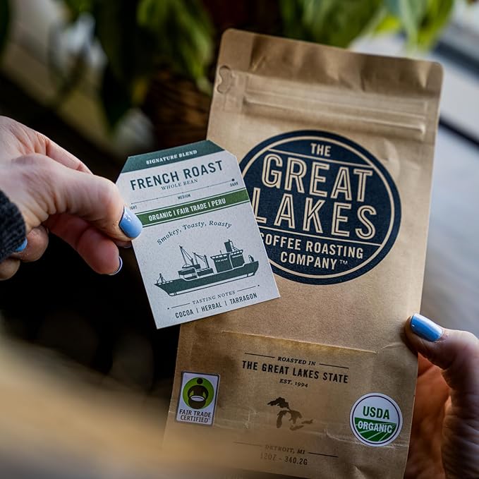Great Lakes Dark Roast Whole Bean Coffee, Organic Detroit French Roast Signature Blend, Fair Trade Sourced from Peru, 12 Ounces