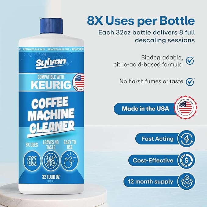 Sylvan Hills Descaling Solution Compatible with Keurig | Free Cleaning Cloth | 12 Month Supply | Made in the USA | Descaler for all Keurig Machines | 32 Oz | Coffee Machine Cleaner for Coffee Makers