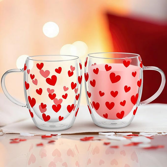 JarThenaAMCS Valentine' s Day Double Wall Glass Coffee Mugs Insulated Glasses 12Oz Red Heart Clear Espresso Cups with Handle for Home Holiday Supplies, Set of 2