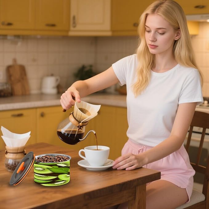 Qilmy Kiwi Fruit Air-Less Vacuum Coffee Storage Container-Airtight Stainless Steel Food Canister with Lid for Beans, Ground Coffee, Tea, Dry Goods, 17oz Kitchen Organizer Jar
