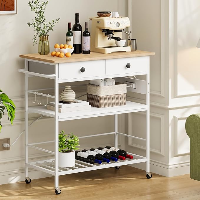 HOOBRO Kitchen Island with Storage, Rolling Island Cart for Kitchen with 2 Drawers & Outlet, 3 Tier Coffee Station and Microwave Stand, Kitchen Island Table for Home, Natural and White WN08UZD01