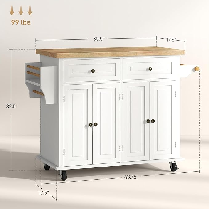 HOMCOM Kitchen Island Cart with Rubber Wood Top, Rolling Kitchen Island Table on Wheels with Drawers, Adjustable Shelves, Spice Rack and Towel Rack for Dining Room, Cream White