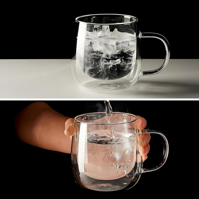 12oz Double Walled Glass Coffee Mugs Set of 4, insulated glass coffee cups, coffee mugs with handle, clear coffee cups for Espresso, Cappuccino, Latte, Americano, Tea,12oz (4 Pack)