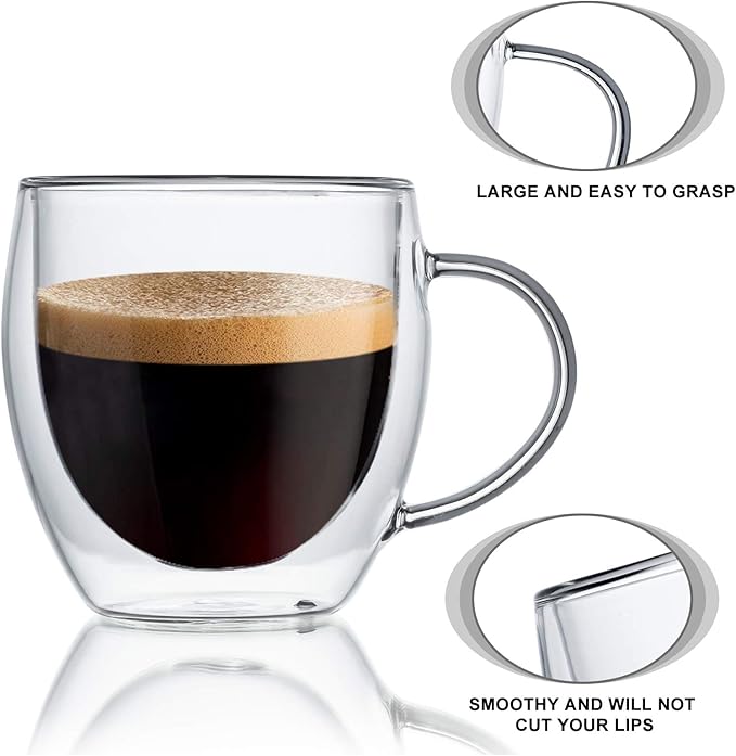 KitchenTour Insulated Coffee Mug 8 oz- Double Wall Glass Coffee Cup with Handle Set of 4 - Clear Glass Drinkware for Espresso，Cappuccino, Latte，Hot Beverages