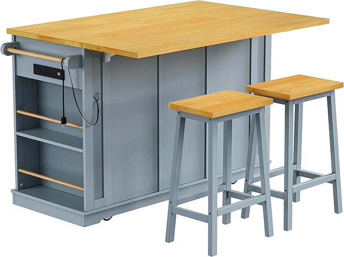 Yayzy Rolling Kitchen Island with 2 Bar Stools, Drop Leaf & Power Outlet, Large Kitchen Islands Cart on Wheels, Movable Kitchen Island with 5 Open Shelves & Towel Rack for Dining Room, 53″, Grey Blue