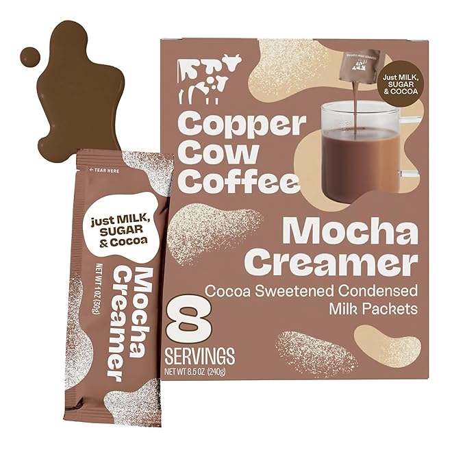Copper Cow Coffee Sweetened Mocha Milk Creamer Singles (8 pack) | Vietnamese Inspired Coffee Creamer, All Natural Creamer Packets for Pour Overs & Lattes | No Refrigeration Needed, Travel Friendly
