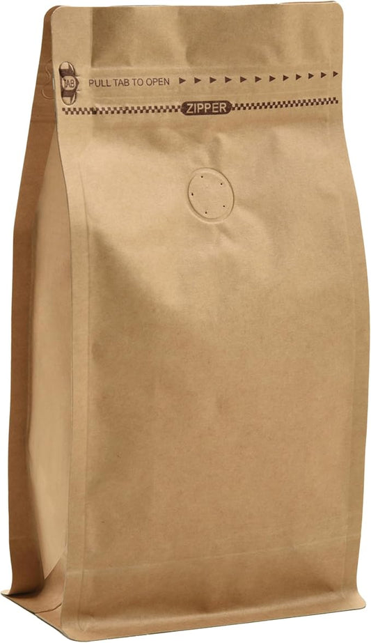 Resealable Kraft Paper Coffee Bags with Degassing Valve, Flat Bottom Side Gusset Stand Up Pouches with Zipper Lock (Pack of 100, Size for 16 oz/500 grams Beans or Ground)