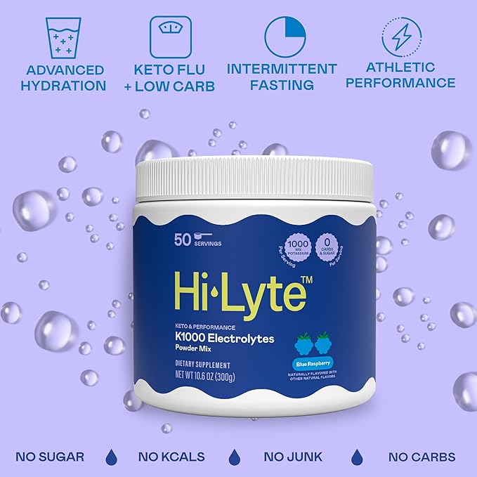 Hi-Lyte K1000 Blue Raspberry Electrolytes Powder, 50 Servings - 1000mg Potassium + Magnesium, Sodium, Trace Minerals - 0 Carbs, 0 Sugar