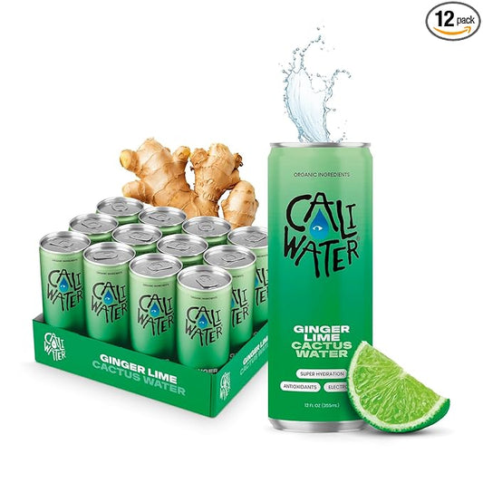Caliwater - Organic Cactus Water - Ginger and Lime - 5g Sugar, 25 Calories - Coconut Water Alternative - Natural Plant Based Hydration - Skin Care, Electrolyte Drinks - Flavored Water - 12 Cans