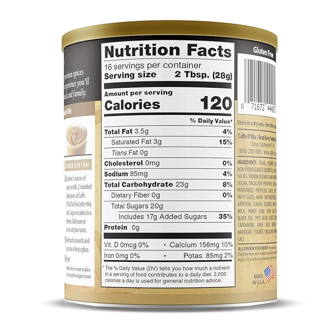 Caffe D'Vita Spiced Chai Latte Mix - Chai Tea Latte Powder Mix, Gluten Free, Chai Tea Powder, No Cholesterol, No Hydrogenated Oils, No Trans Fat, Spiced Chai Latte Powder Mix - 1 Lb Can