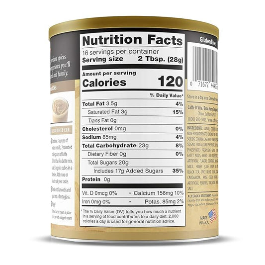 Caffe D'Vita Spiced Chai Latte Mix - Chai Tea Latte Powder Mix, Gluten Free, Chai Tea Powder, No Cholesterol, No Hydrogenated Oils, No Trans Fat, Spiced Chai Latte Powder Mix - 1 Lb Can