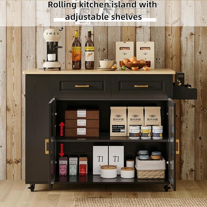 IRONCK Kitchen Island with Power Outlet & Drop Leaf, 47.2" Width Rolling Kitchen Island on Wheels with Storage, Mobile Kitchen Island Cart with Spice Rack, Open Shelves and Drawer, Black