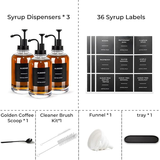 Coffee Syrup Dispenser for Coffee Bar, 3PCS Coffee Bar Accessory Syrup Dispenser w. Labels,16.9 oz 500ml Simple Glass Syrup Bottle w. Tray & Coffee Scoop