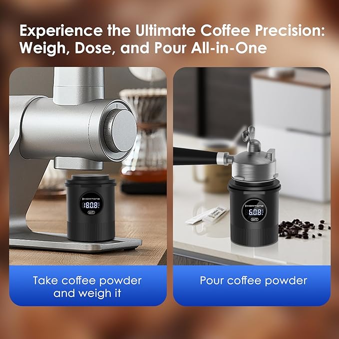HOMTONE Espresso Dosing Cup & Digital Scale Combo - 0.05g Precision, USB-C Rechargeable, 58mm Portafilter Compatible - Stainless Steel Interior, Black