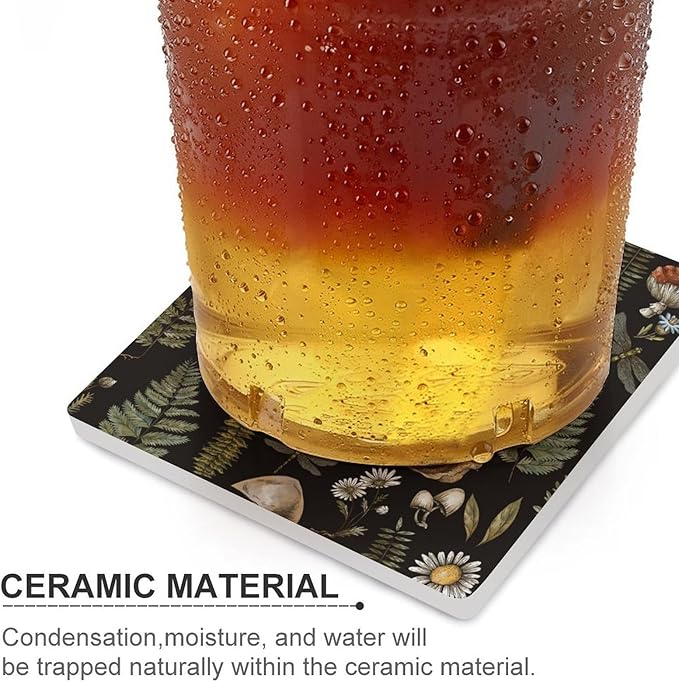Square-6PCS Botanical Ceramic Coasters, Square Absorbent Drink Coasters, Vintage Plant Botanical Cartoon Mushroom Flower Ceramic Table Coasters for Coffee, Beverage, Wine, Beer Coasters