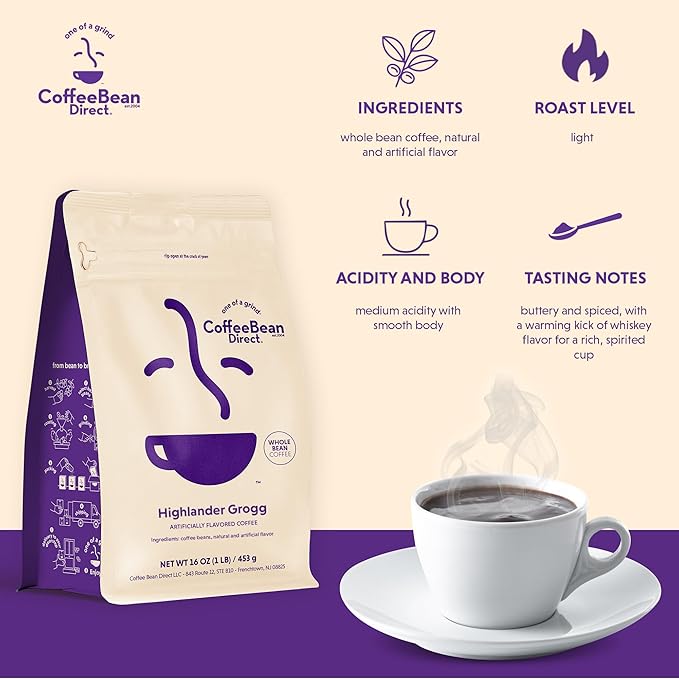 Coffee Bean Direct Flavored Coffee Variety Bundle – Highlander Grogg & Jamaican Me Crazy®, Whole Bean, 1 Pound Bags (Pack of 2)