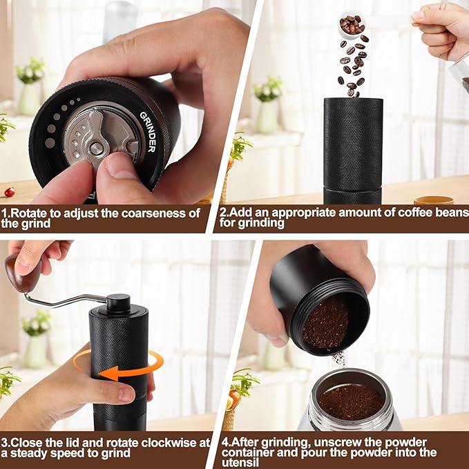 Manual Coffee Grinder Detachable Stainless Steel Conical Burr Aluminum Coffee Bean Grinder with 25 Grinding Settings Cleaning Brush Grindable Espresso Moka Pot French Press for Camping Black