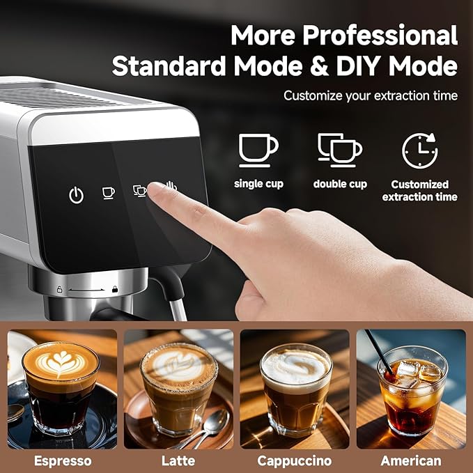 AMZCHEF Espresso Coffee Machine | 20 Bar Pressure System | LED Touch Screen | Compact Design Perfect for Home & Office | 41oz Water Tank