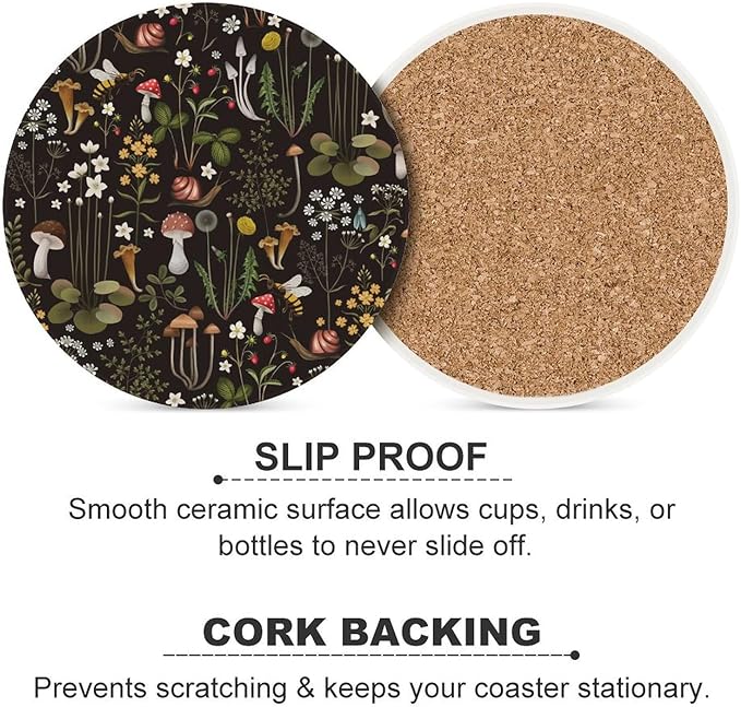 Round-4PCS Botanical Drink Coasters, Round Modern Ceramic Absorbent Coasters, Cartoon Mushroom Floral Plants Pattern Botanical Decor Desk Coffee Table Coaster for Beverage Cup Tea Coasters