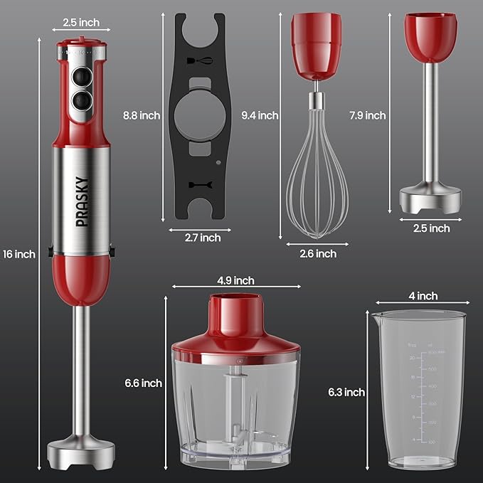 Immersion Blender Handheld Hand Blenders, 20 Speed & Turbo Mode Hand Held Blender, Heaviest Duty Copper Motor, Stainless Steel Blades, Milk Frother Wand, Whisk, 600ml Beaker, 500ml Chopper (Red)