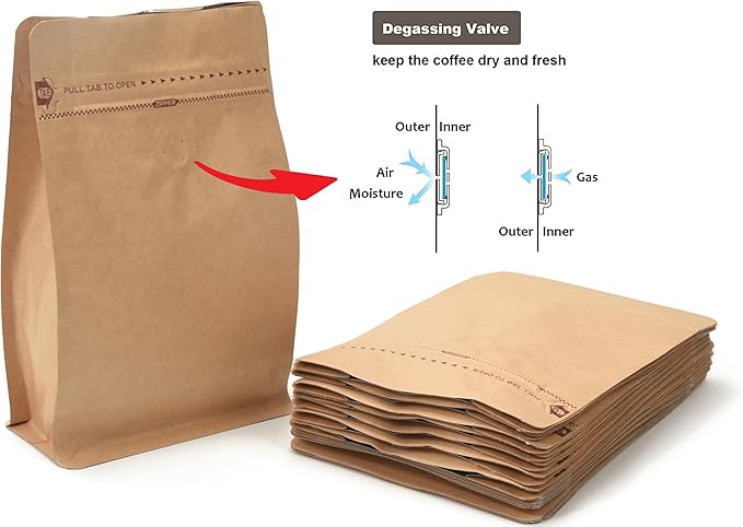 Resealable Kraft Paper Coffee Bags with Degassing Valve, Flat Bottom Side Gusset Stand Up Pouches with Zipper Lock (Pack of 100, Size for 4 oz/120 grams Beans or Ground)