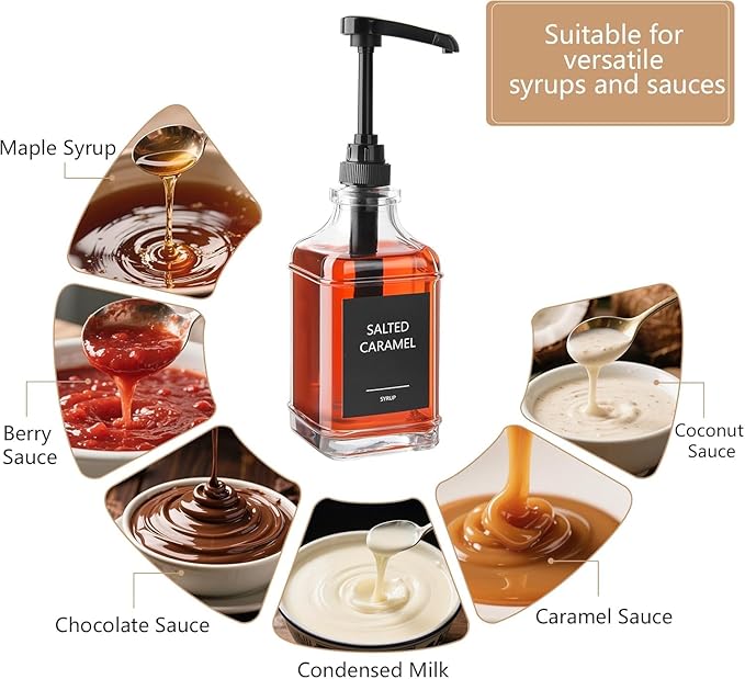 3 Pack 16.9oz (500ml) Glass Coffee Syrup Dispenser with Pump, Syrup Pump Dispenser for Coffee Bar, Coffee Syrup Bottles with Labels