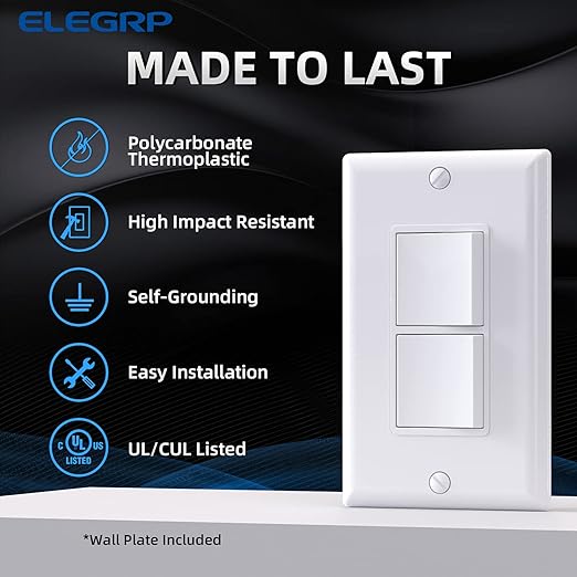 ELEGRP Decorator Double Rocker Light Switch, Two Single Pole Electrical Paddle, 15A 120V, In-Wall On/Off, Self-Grounding, Wall Plate Included, UL Listed (2 Pack, Glossy White)