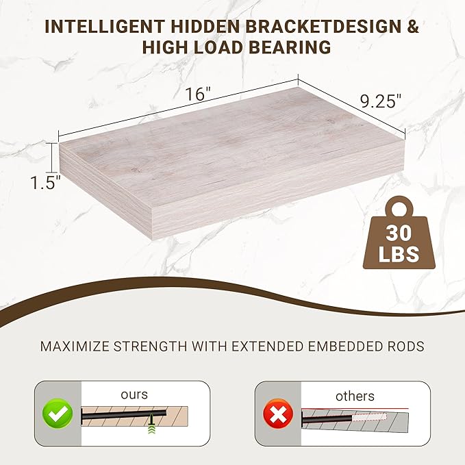 16 Inch Floating Shelves, 3D Textured Wood Grain, 16"x9.25"x1.5" Inch Deep Floating Shelves for Wall, Wooden Shelves for Bathroom, Bedroom, Living Room, Washed White, 2 Pieces
