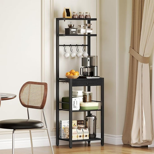 Bakers Rack, 5-Tier Coffee Bar Station, Coffee Stand with Pod Drawer Holder, Versatile Kitchen Storage Rack with 4 Hooks, for Living Room, Cafe Corner, Black KF01BB