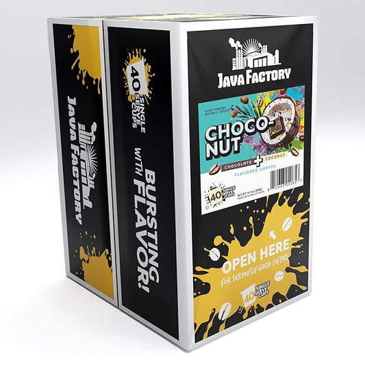 Java Factory Coffee Pods Choconut, 40 Count - Chocolate Coconut Flavored, Compatible with Keurig K Cup Brewers, Tropical Delight for Coffee Lovers