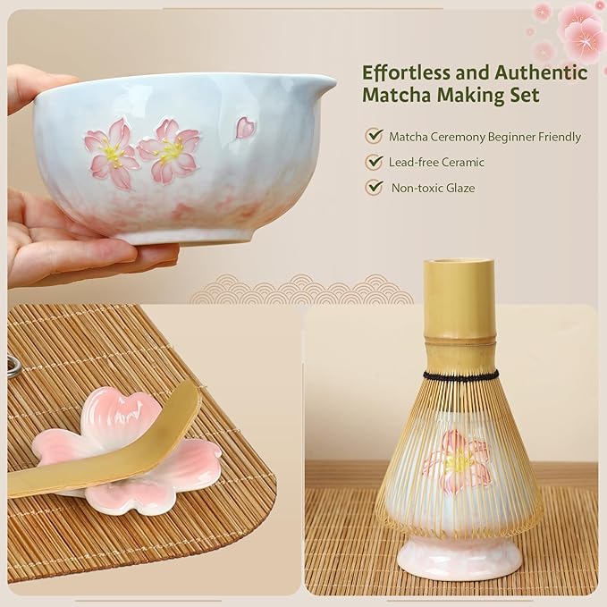 Matcha set with tray 8pcs, Japanese Matcha Kit includes Ceramic Matcha Bowl, Bamboo Matcha Whisk (Chasen), Whisk Holder, Macha Scoop(Chashaku), Bamboo Placemat, Sifter, Tea Cloth Chakin，Blue & Pink