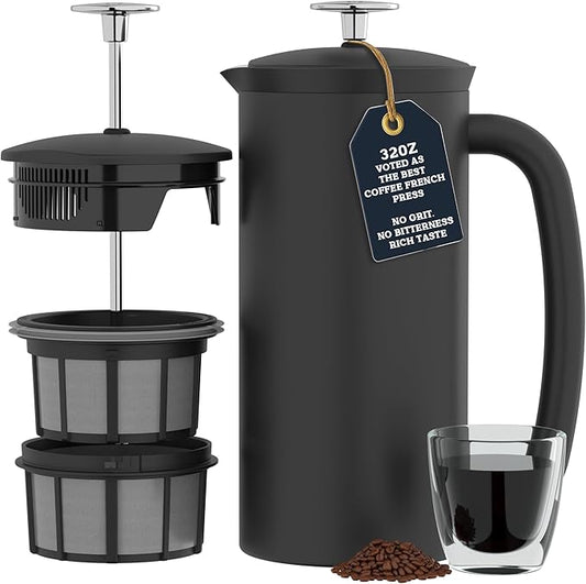 ESPRO P7 French Press Stainless Steel 304 – Patented Double Walled Micro-Filter Insulated French Press Coffee Maker, Grit-Free Brew - Heat Resistant BPA Free Coffee Maker - Matte Black (32oz)