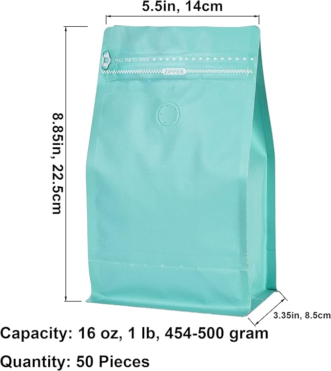 Blue Kraft Paper Coffee Bags with One Way Degassing Valve, Resealable Coffee Pouches with Flat Bottom & Pull Tab Zipper (50, 16oz, 1lb, 500gram)