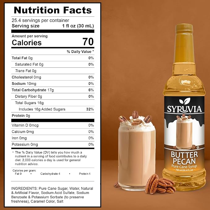 Syruvia Coffee Syrup, Butter Pecan Flavored Syrup for Drinks, Lattes, and Desserts – 25.4 fl oz, With Pump