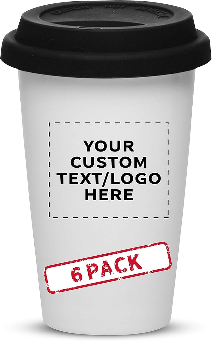 Personalized 11 oz. Double Wall Ceramic Tumblers with Lid - 6 Pack - Custom Text, Logo - Black