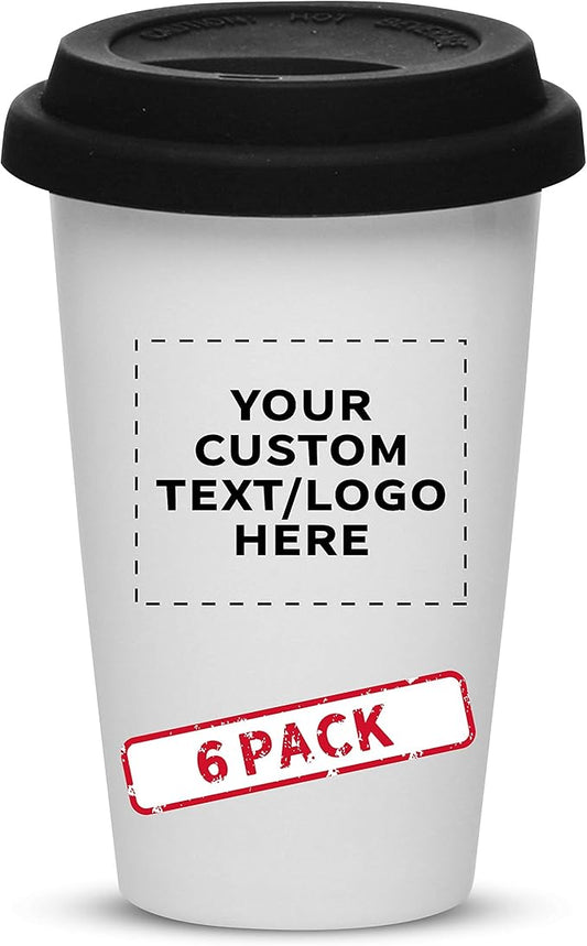 Personalized 11 oz. Double Wall Ceramic Tumblers with Lid - 6 Pack - Custom Text, Logo - Black