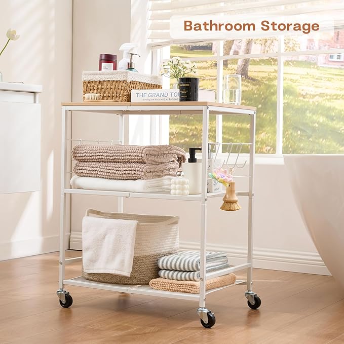Rolling Kitchen Microwave Cart, 3 Tier Microwave Stand with Storage, Small Kitchen Island on Wheels, Wood and Mental Kitchen Shelf Rack, White Organizer for Living Room, Office, Balcony