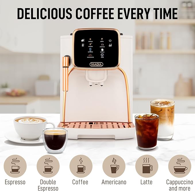 Zulay Kitchen Magia Clasica Automatic Espresso Machine with Built-In Grinder, Touch Panel Coffee Maker, Steam Wand Milk Frother, Adjustable Strength, Self-Cleaning, Cream & Copper